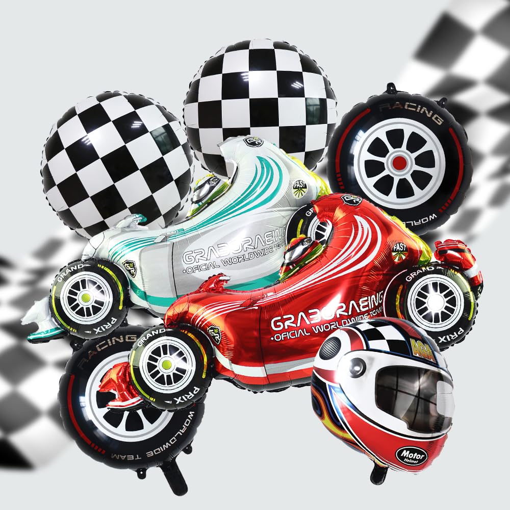 7PCS Racing Balloons Set - Double Race Car with Tire & Helmet Design - Car Party Decorations for Birthday