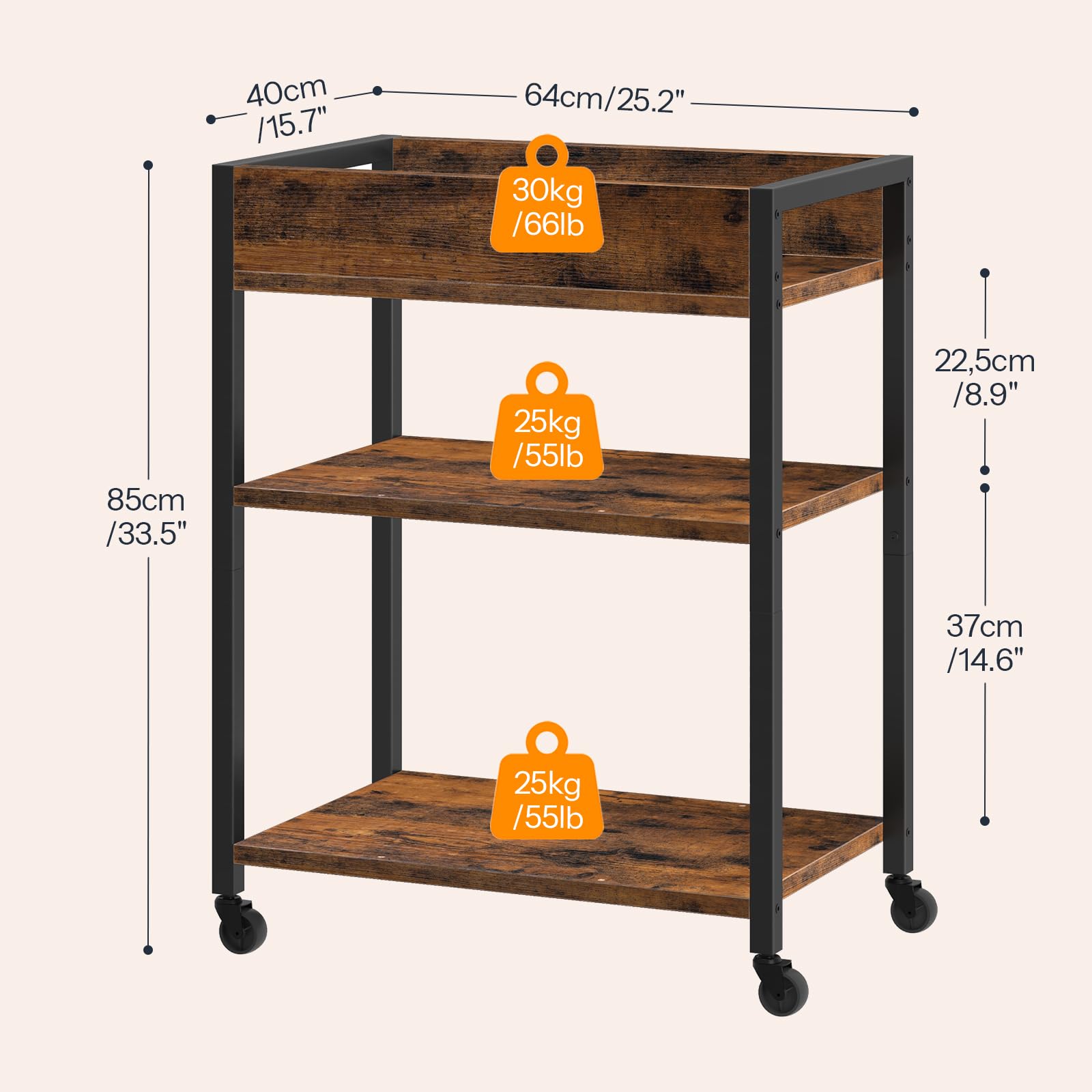 HOOBRO Carrello di Servizio a 3 Ripiani con Piedini Regolabili e Ruote, Carrello da Cucina con Sponde, per Bar, 64 x 40 x 85 cm, per Ristorante, Soggiorno, Bar, Marrone Vintage e Nero EBF64TC01