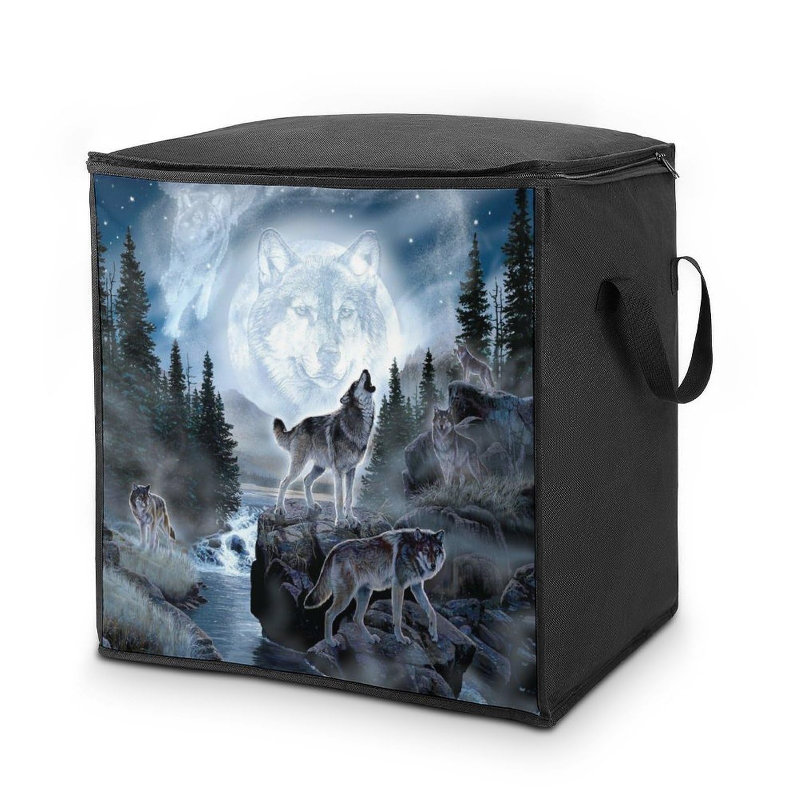 Lyfthologen 70L Storage Bags, Moon Wolf Storage Box with Lid Zipper And Handles, Clothes Bags for Quilt, Blankets, Bedding