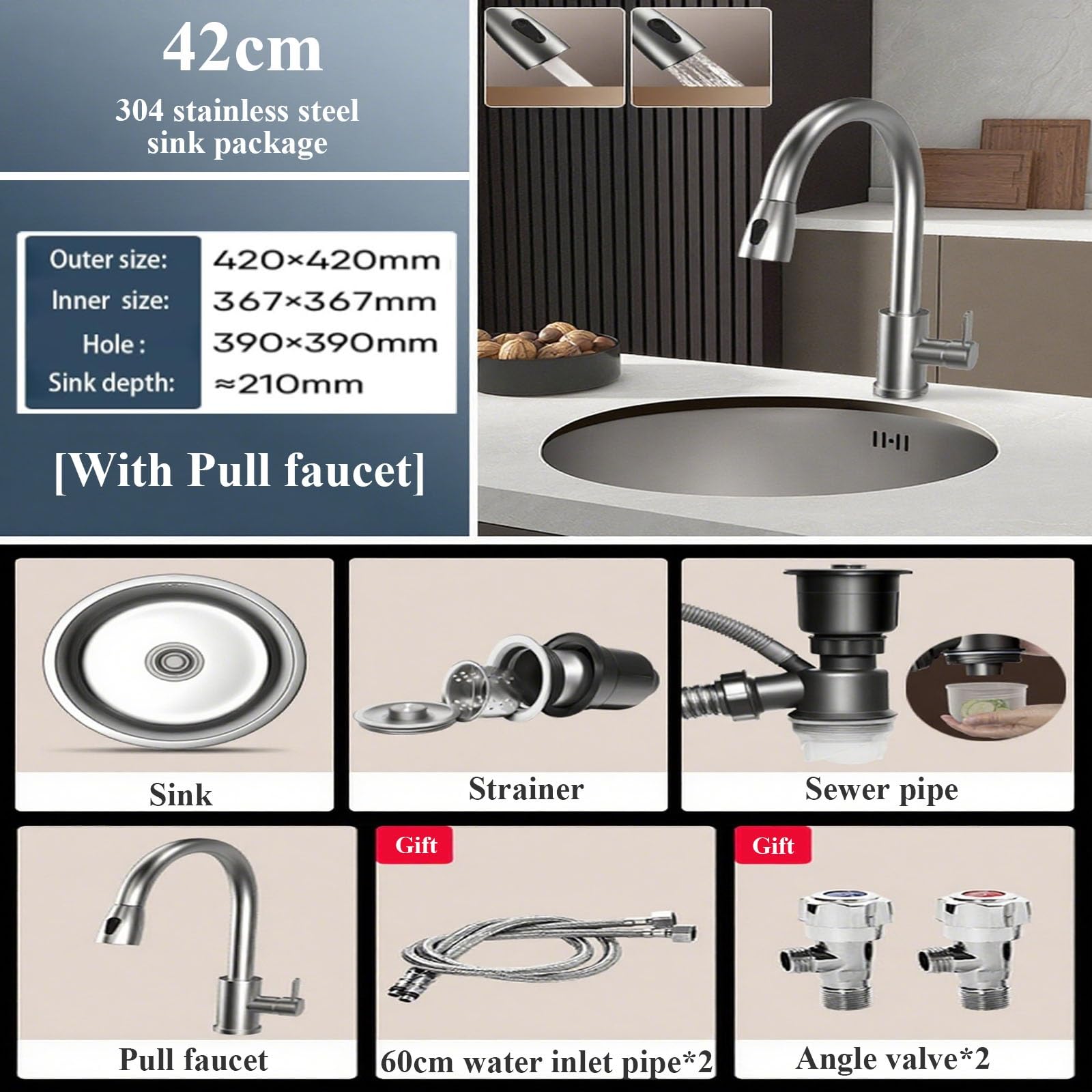 Évier de Bar Rond en Acier Inoxydable avec Robinet, cuve Unique, idéal pour îlot de Cuisine, Bar, Camping-Car, buanderie, Installation sous Plan.
