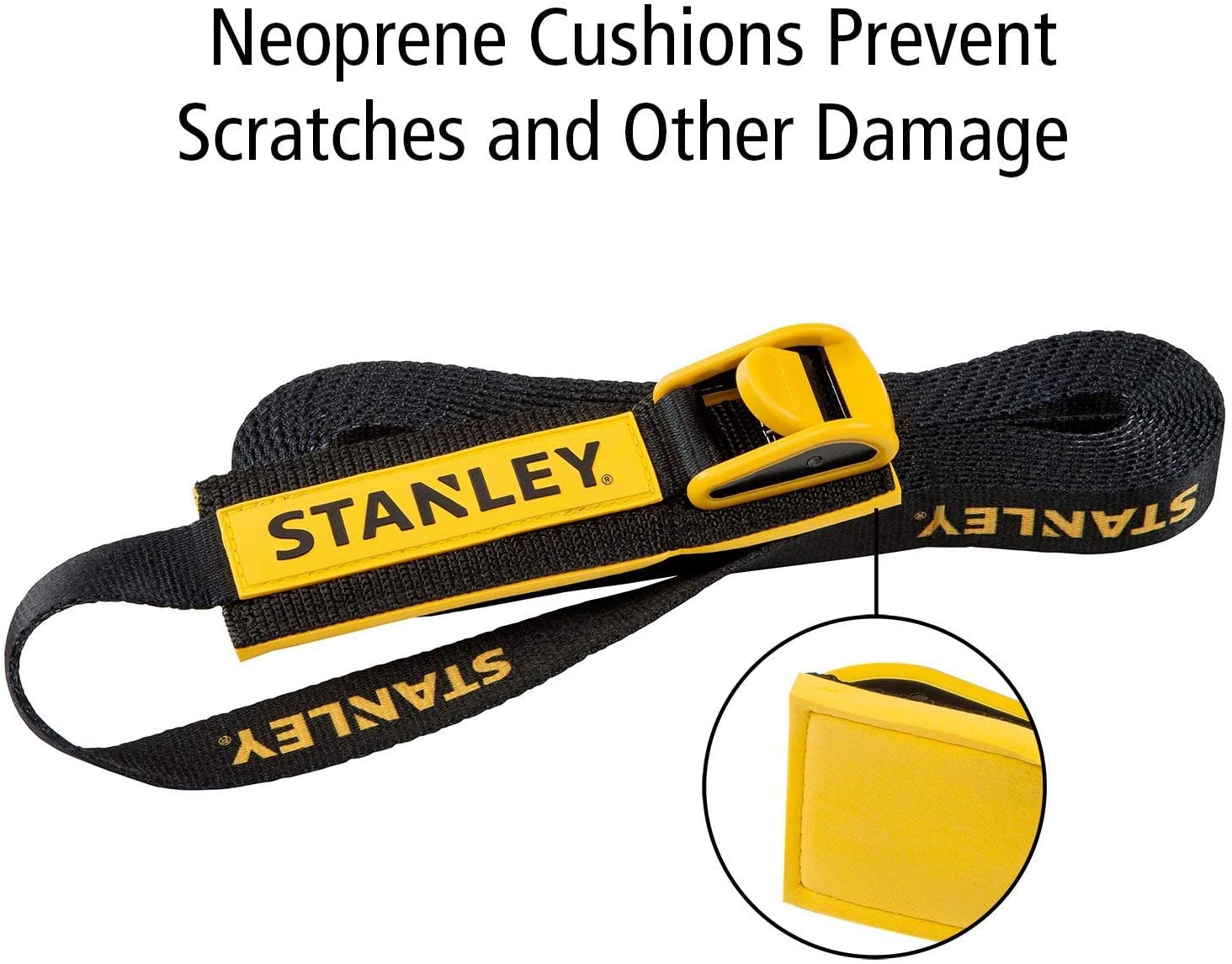 STANLEY Cinghia di ancoraggio con ganci, 2,5 x 6 m, con fibbia in metallo rivestita in plastica e imbottita, resistente, supporta 453,6 kg di carico, nero