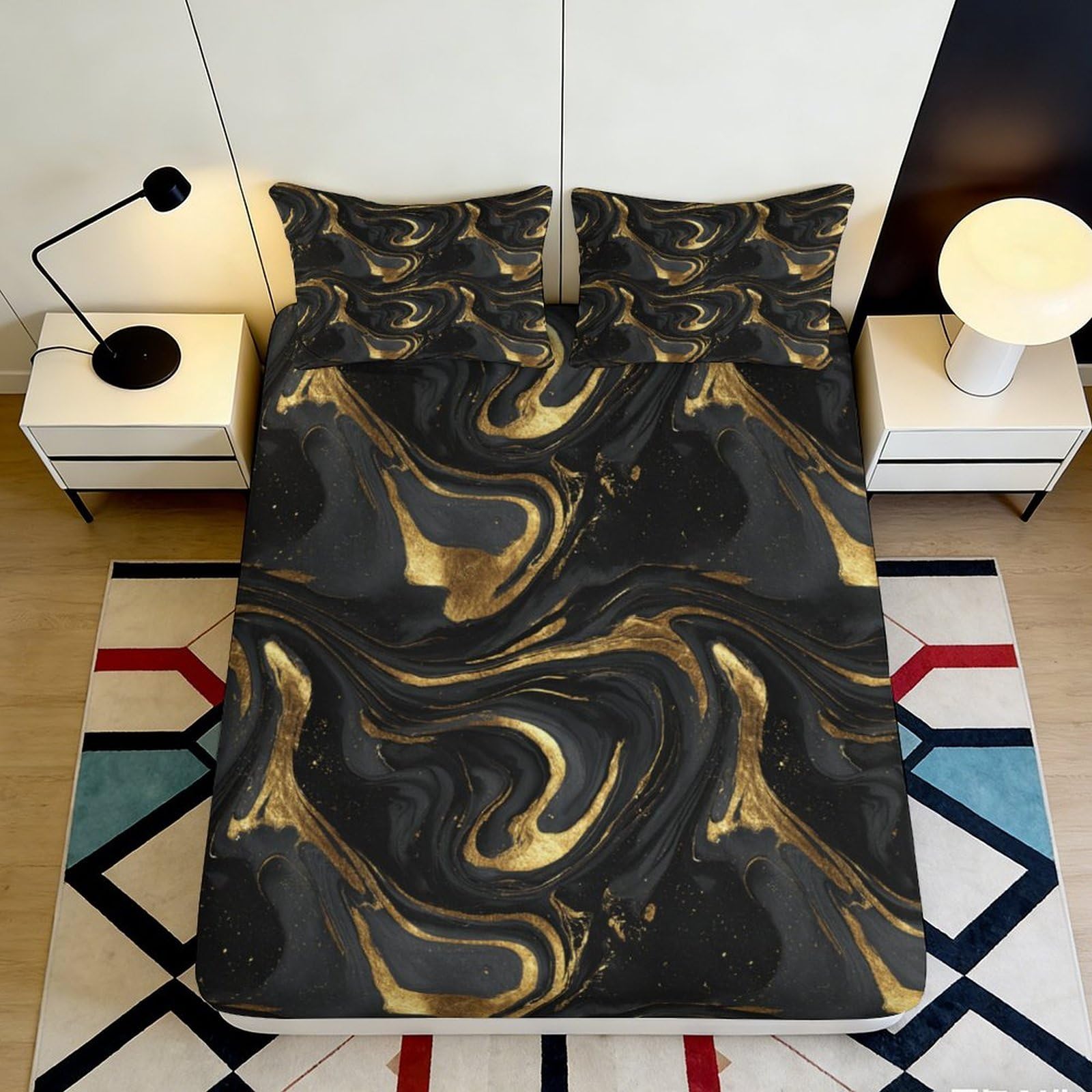 Uynsixtme Style-8 3D Printed Metallic Swirl Fitted Sheet Microfiber Deep Pocket Non-Slip Bedroom Bedding Metallic Swirl Mattress Fitted Cover Washable For Adults 140X200x25cm