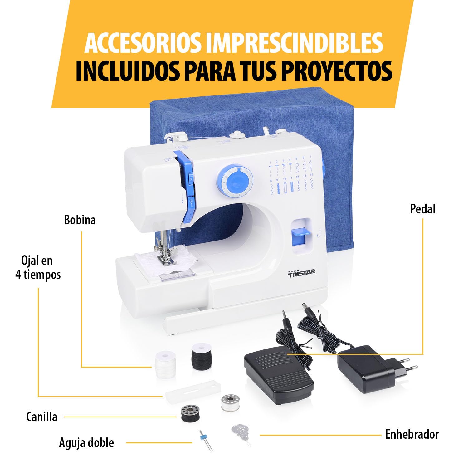 Tristar Máquina de Coser, 14 Puntadas, Ojal en 4 Pasos, Brazo Libre, Luz LED, Costura Inversa, Enhebrado Automático, Cortahilos, Incluye Funda Protectora, SM-6003