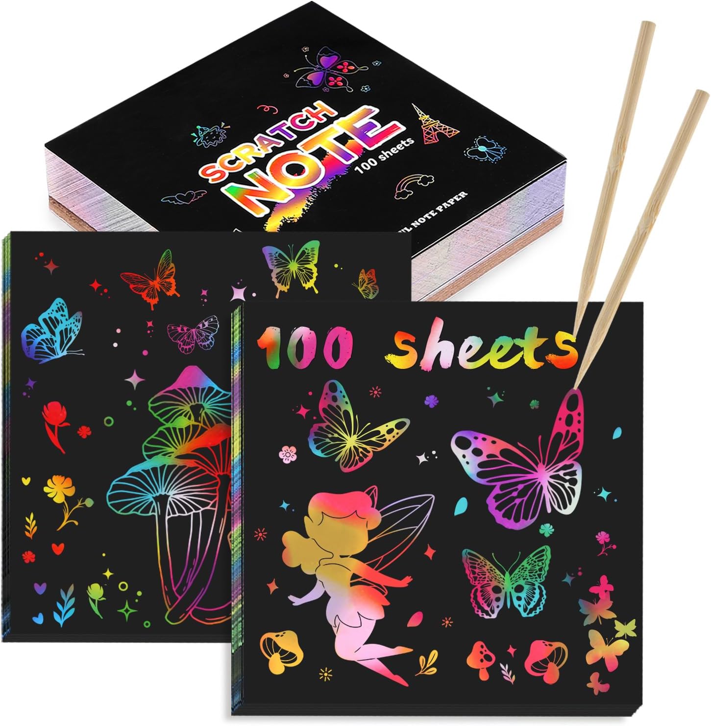 Rainbow Scratch Art for Kids, 100 Pcs Magic Scratch Paper Set with 2 Bamboo Stylus, Art and Craft for Kids, Birthday Gift & Class Gift