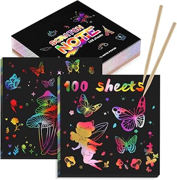 Kesote 100 Pcs Rainbow Scratch Art for Kids | 8.5cm x 8.5cm,2 Bamboo Stylus, Art and Craft for Kids, Birthday & Class Gift