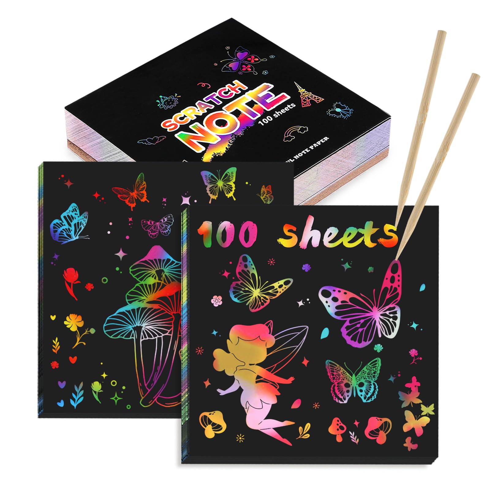 Kesote Carte a Gratter Enfant 100 Feuilles Papier Arc-en-Ciel Bricolage avec 2 Stylets en Bois Scratch Art 8x8cm
