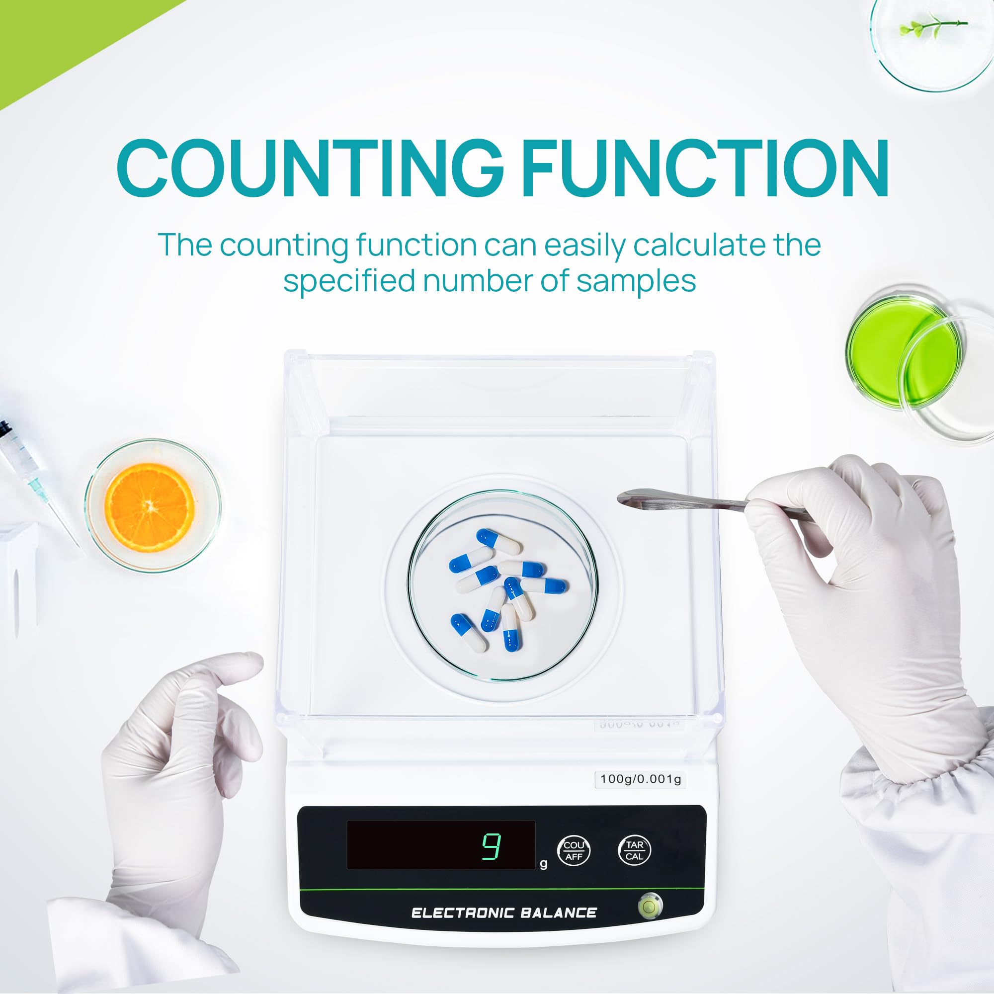 LICHEN Balanza analítica de laboratorio de 100 g x 0,01 g, báscula de laboratorio de alta precisión, parabrisas y pantalla LED, función de tara/conteo para joyería, farmacia, experimentos de ciencia