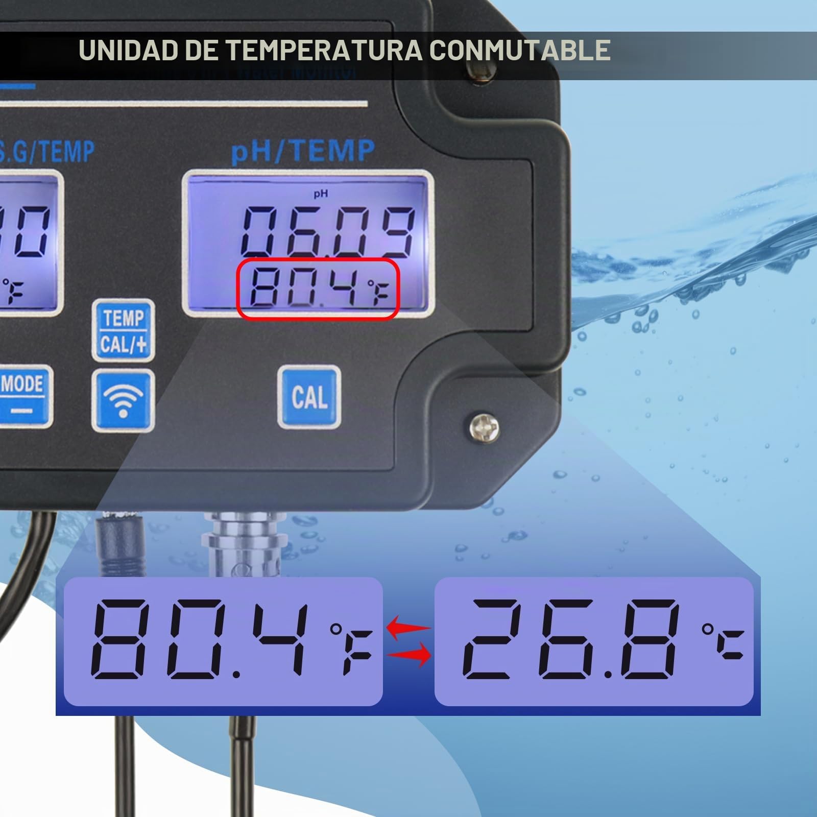 Probador de Calidad de Agua Inteligente 6-en-1 – Monitor WiFi/App para pH, EC, TDS, Temperatura, SG y Sal | Alertas en Tiempo Real | Perfecto para Hidroponía, Acuarios, Piscinas y Agua Potable