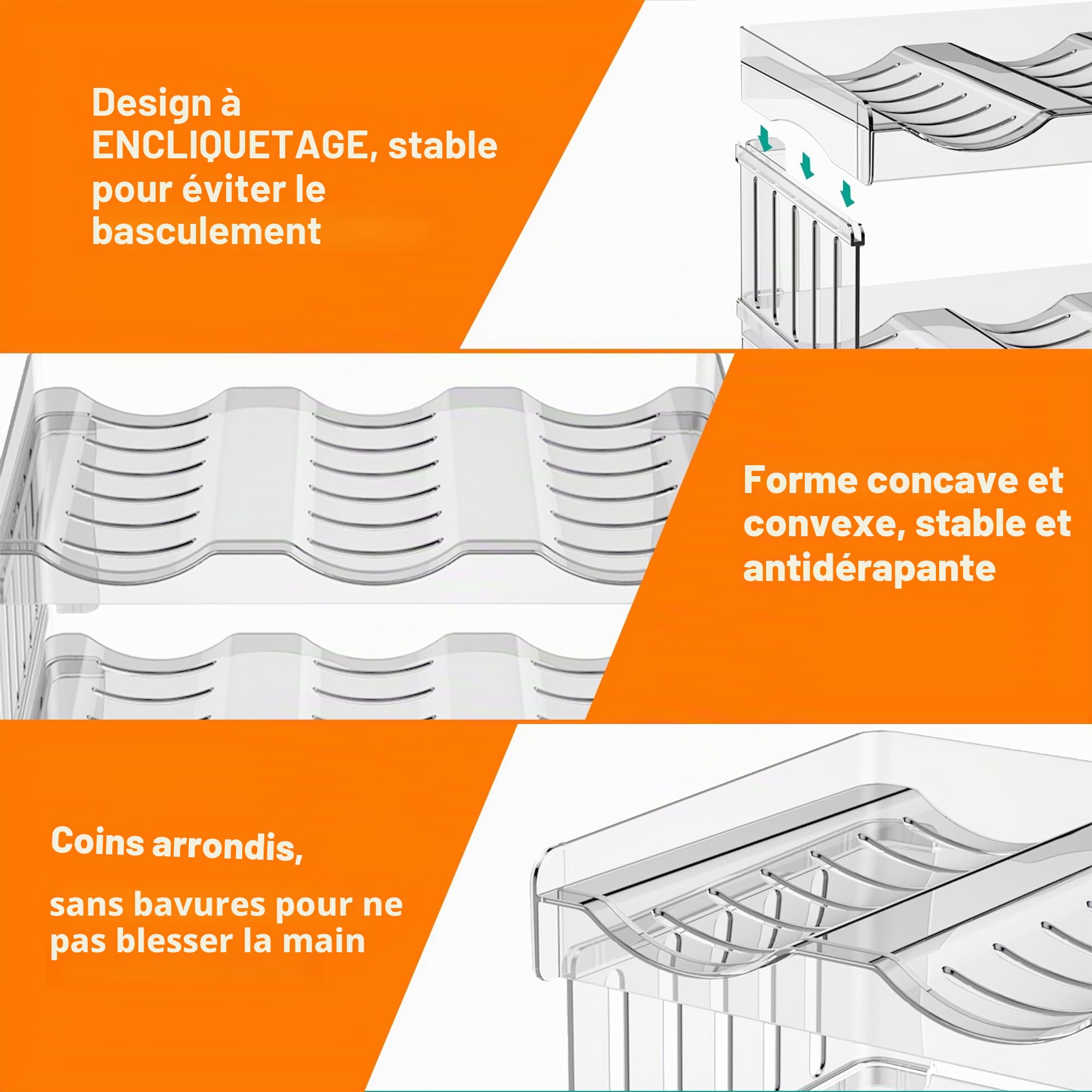 Porte Range Bouteille en Plastique 2 Pièces Moderne Étagère Gourdes Empilable Casier à Bouteille pour Lot de 6 Vin ou Autre Boisson Transparent Casier Bouteille d'eau Boîte pour Cuisine Armoire Frigo