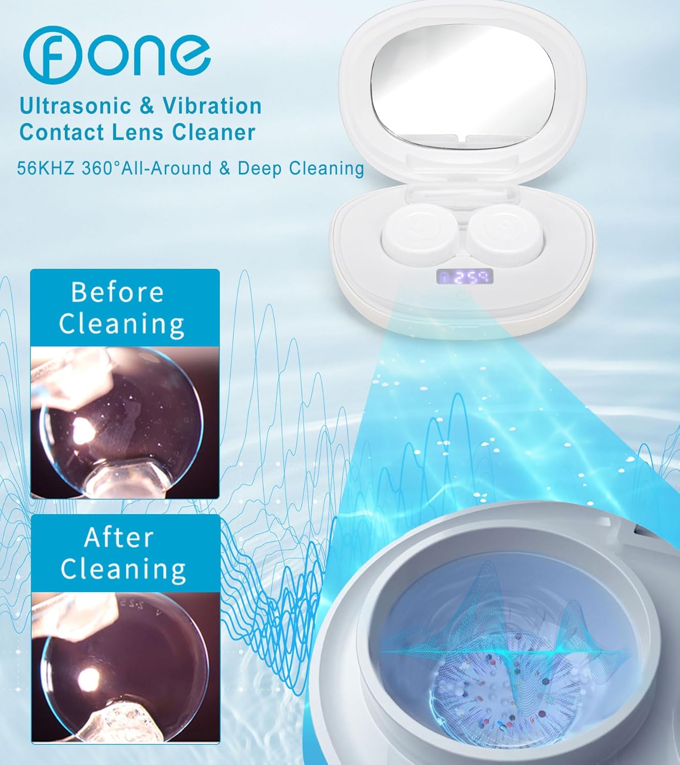 ofone Contact Lens Cleaner, Ultrasonic Contact Lens Cleaning Machine with USB Charger, Timer Display and 5 Contact Solution Cases Kit Replacement for Soft Hard Colored RGP Lenses (White)