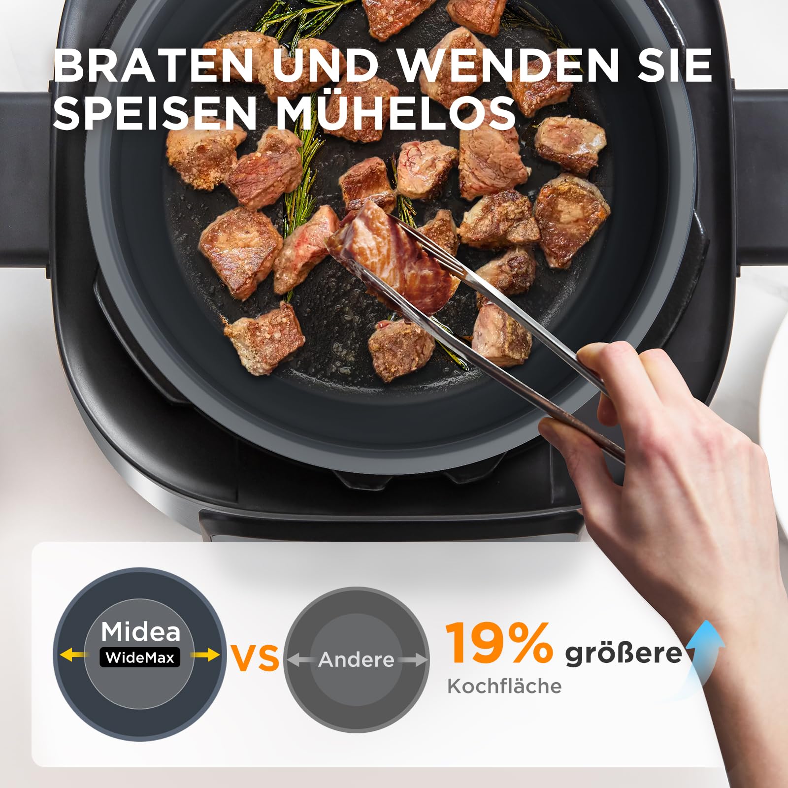 Midea 9-in-1 Multikocher, 6L mit 12 Kochfunktionen Elektrischer Schnellkochtopf (Langsamkochen, Reiskocher, Sous Vide, Kuchenbäcker), 70% schneller, gebürsteter Edelstahl & Schwarz
