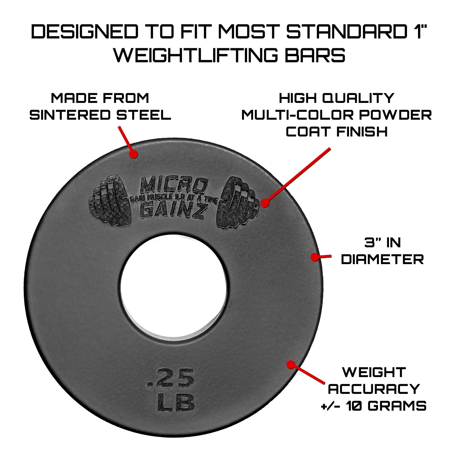 Micro Gainz Standard 1-Inch Center Hole Fractional Weight Plate Set of .25LB-.50LB-.75LB-1LB Plates (8 Plate Set) w/Bag- Designed for Standard 1-Inch Barbells and Dumbbells, Made in USA - Image 3