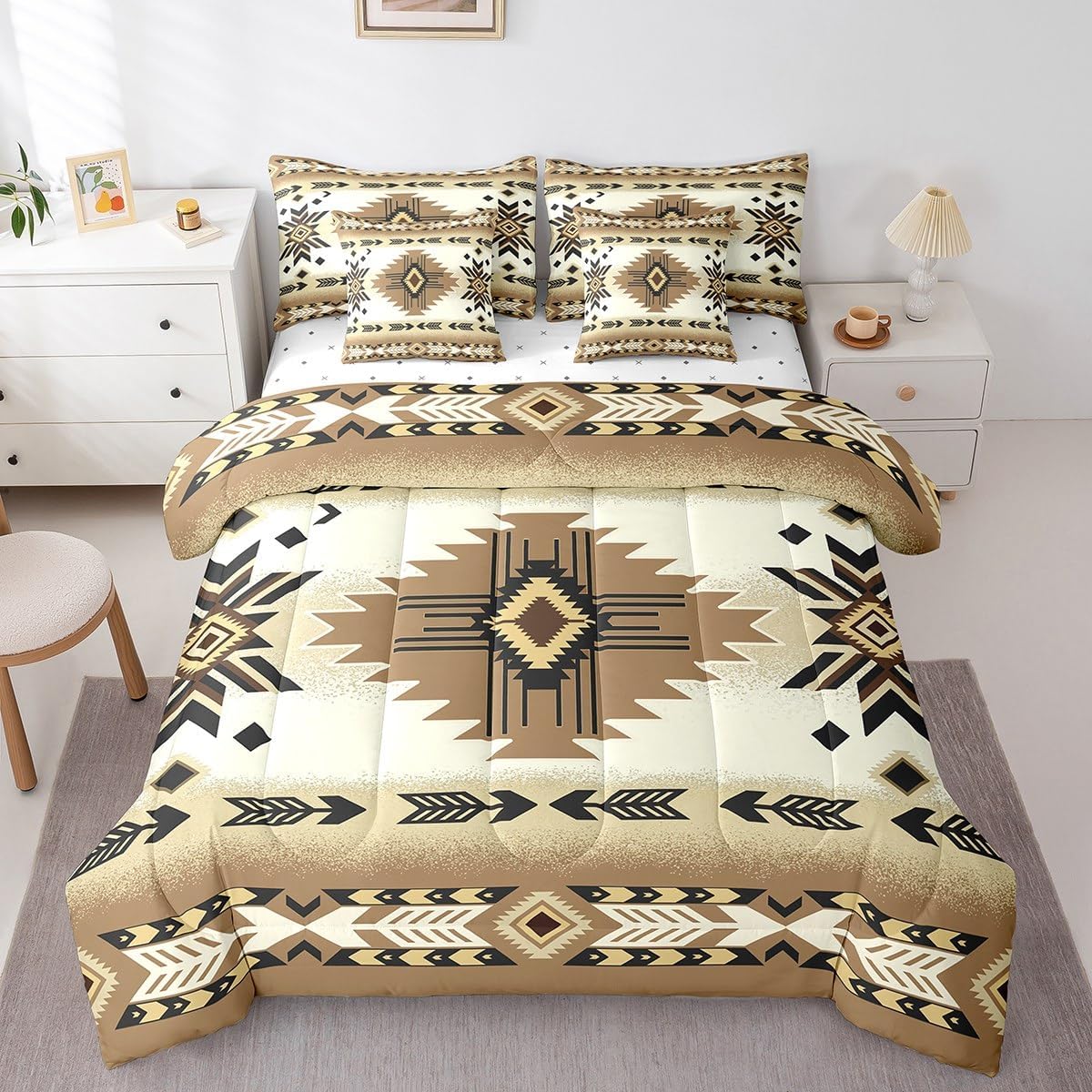 Southwest Native Bed Set Includes Comforter, Sheet Set, Pillowcases & Pillow Covers Southwestern Geometric 7 Piece Bedding Set, Room Decor Western Decor Bed in a Bag, Full Size Beige White Tribal