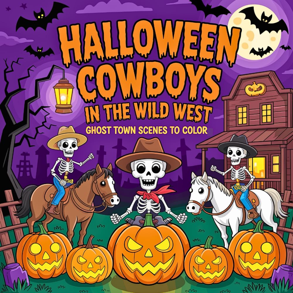 Halloween Cowboys in the Wild West: Ghost Town Scenes to Color