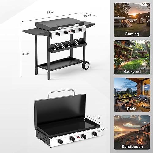 Miniatura 6 de Bonnlo Plancha de propano de 40000BTU con tapa e encendido, parrilla de gas de pie con estante de almacenamiento y ruedas enrollables portátiles, 4