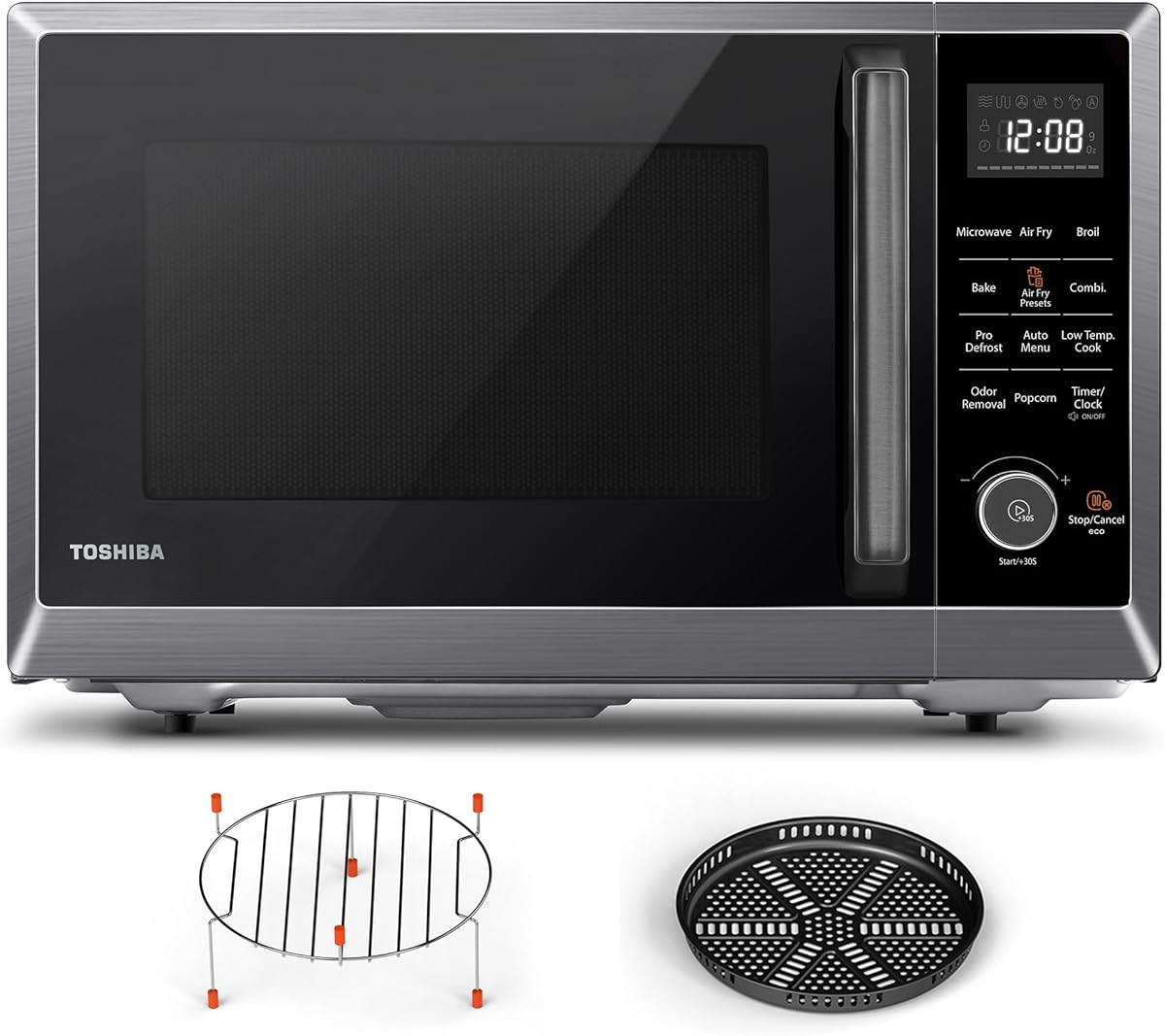 TOSHIBA Air Fryer Combo 8-in-1 Countertop Microwave Oven, with Convection, Broil, Odor Removal Mode, 12.4" Position Memory Turntable, Child-Lock, 1.0 Cu.ft, Black Stainless Steel, ML2-EC10SA(BS)