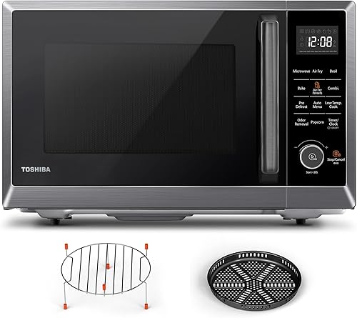 TOSHIBA Combo de freidora de aire 8 en 1 horno microondas de encimera, con convección, asador, modo de eliminación de olores, tocadiscos con memoria