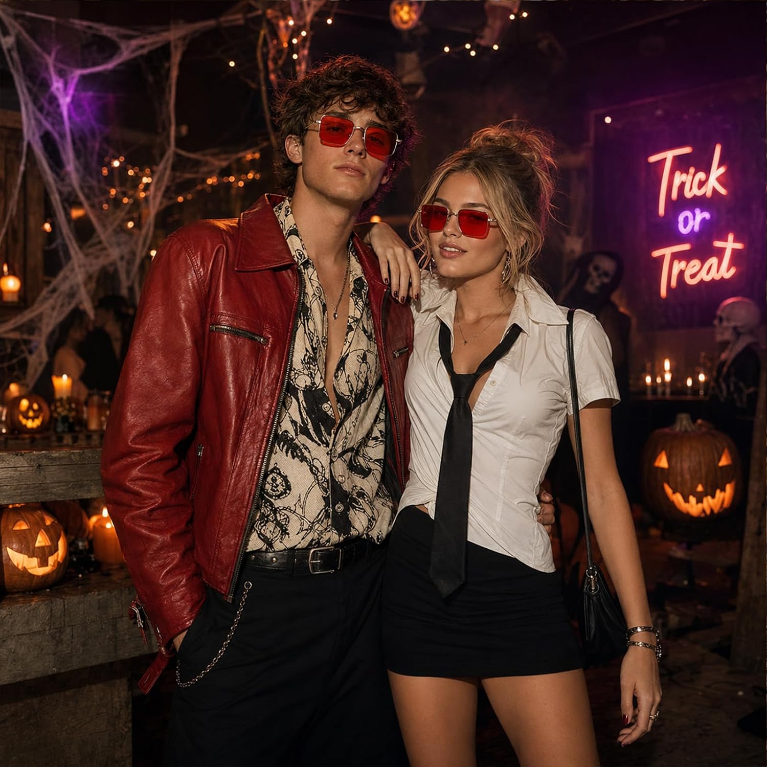 Halloween Retro Metal Frame Glasses with Red Lenses for Men Women 90s Style Party Dress Up Accessory