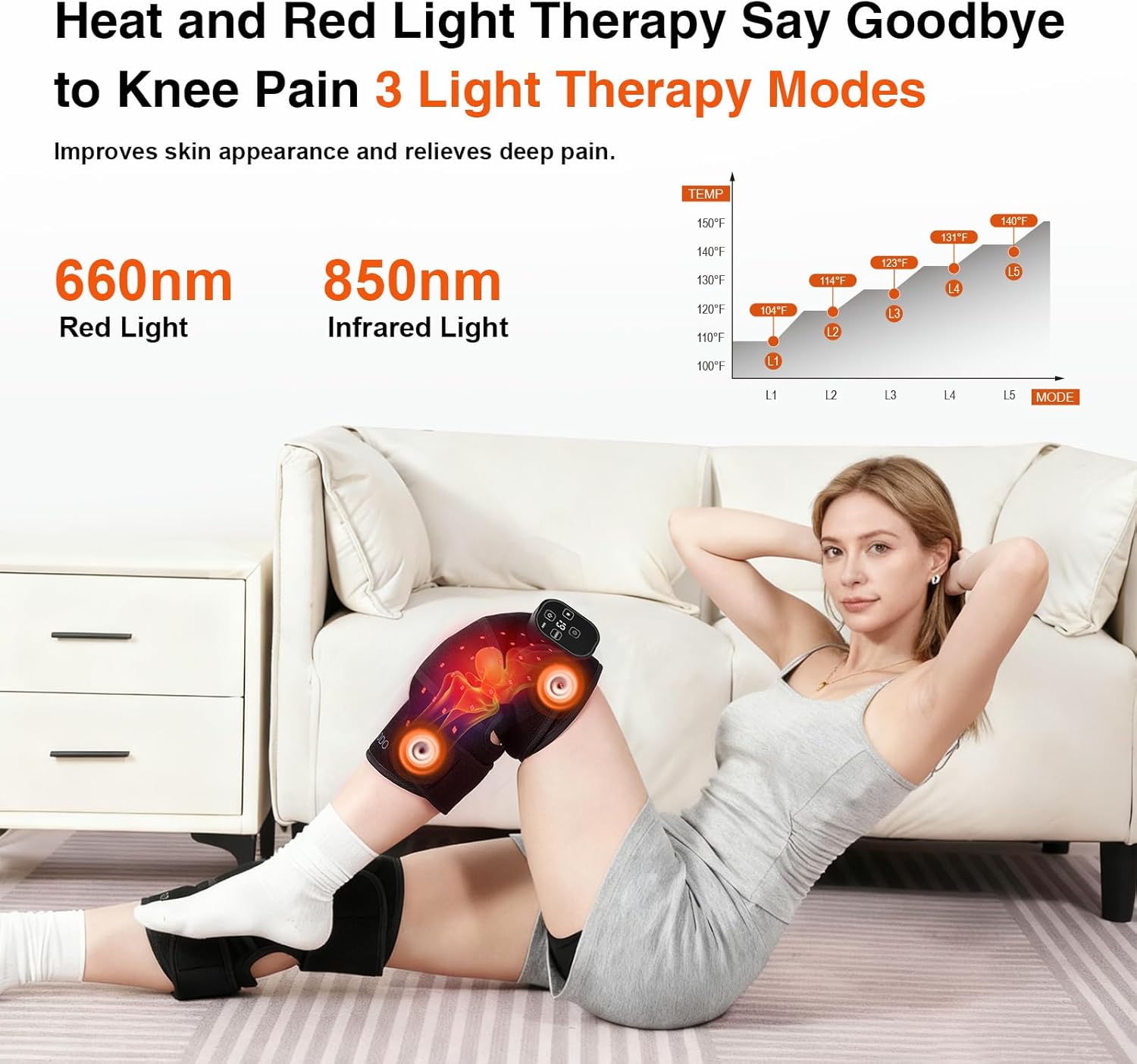 Red Light Knee Brace with Vibration Massage, Cordless Knee Massager with Heat and Red Light Therapy, Infrared RedLight Therapy Wrap for Knee Joint, Heated Therapy Device, 660nm&850nm, Blank - Image 2