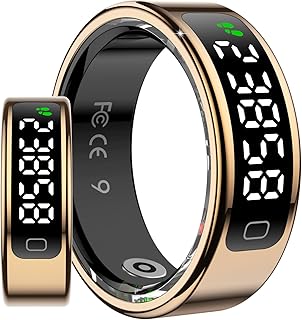 2025 新登場 スマートリング画面+タッチ付き ステンレス鋼指輪,数値安定センサ機能管理,複数数値表示,リモコン撮影,体感ゲーム,多機能運動,女性機能,Bluetooth5.2,万歩計,IP68防水,可水泳,カロリー,長時間使用可能,男女兼用,iphone&Android対応,贈り物,日本語説明書付き (金, 10号(内周長:62.8mm))