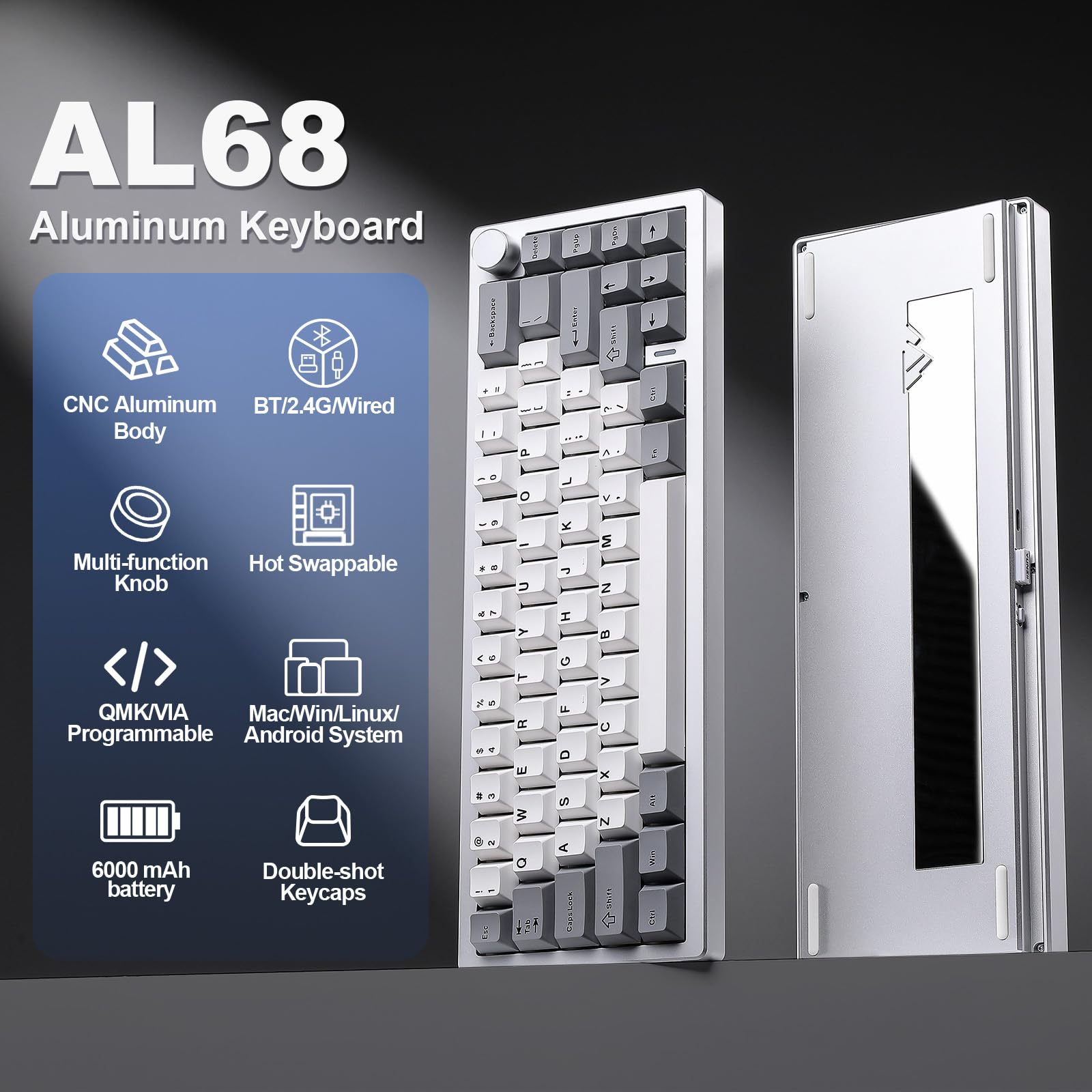 YUNZII AL68 Teclado mecánico inalámbrico 60%, QMK/Via Aluminum Tastatur con Knob, Gasket Structure, RGB Backlit(Silver, Cocoa Cream v2 Switch)
