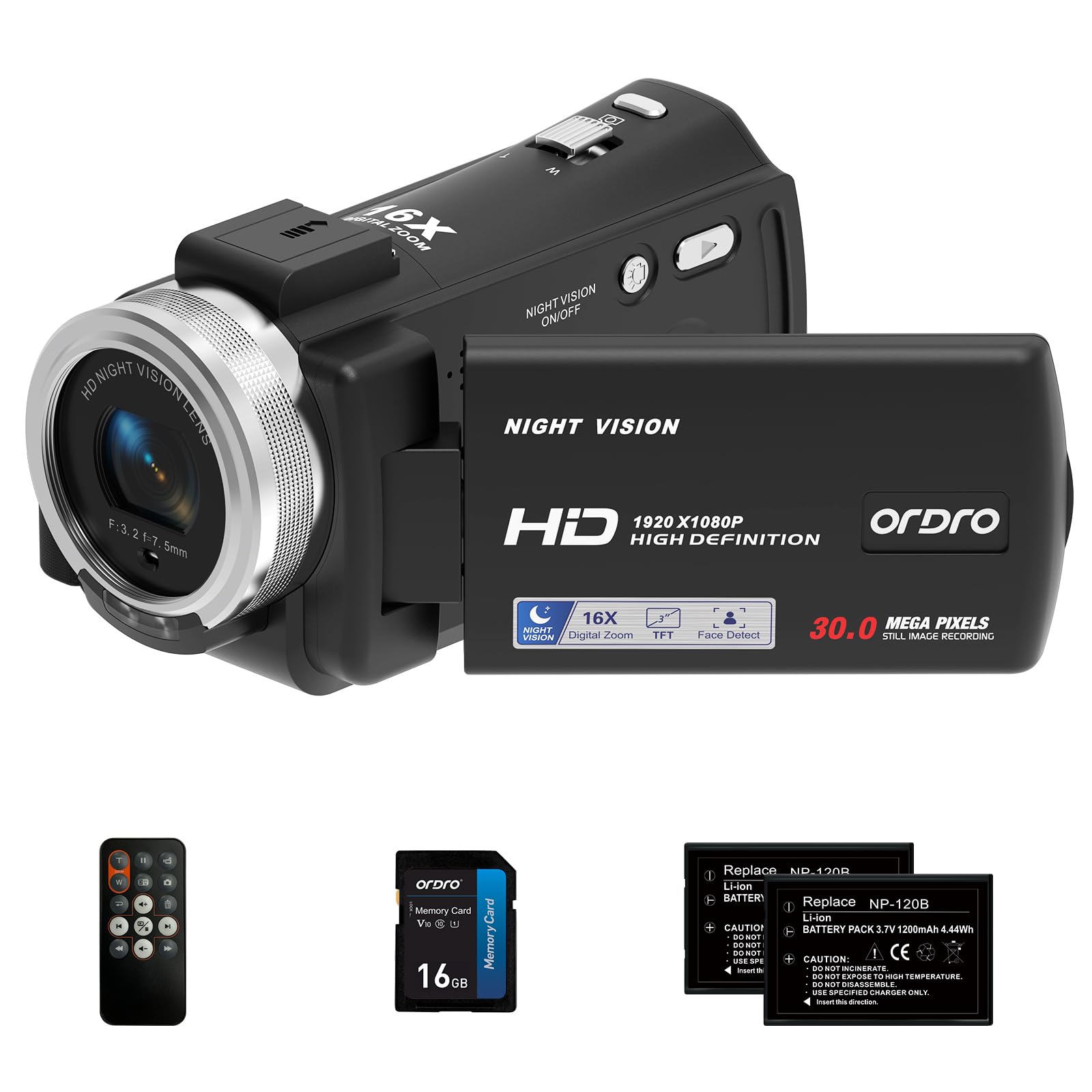ORDRO V12 Video Camera Camcorder Full HD 1080P 30FPS Infrared Night Vision Camera 3.0 Inch LCD Screen 16X Zoom Camcorders with 16GB Memory Card Remote Control and 2 Batteries