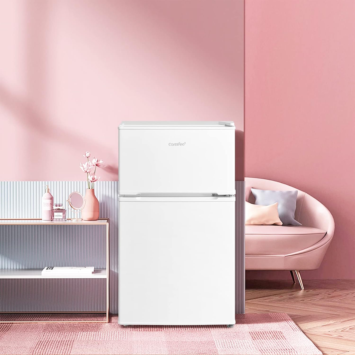 COMFEE' RCT87WH2(E) Under Counter Fridge Freezer, 87L Small Fridge Freezer with Light, Removable Shelves, Adjustable Thermostats, Reversible Doors,White 7