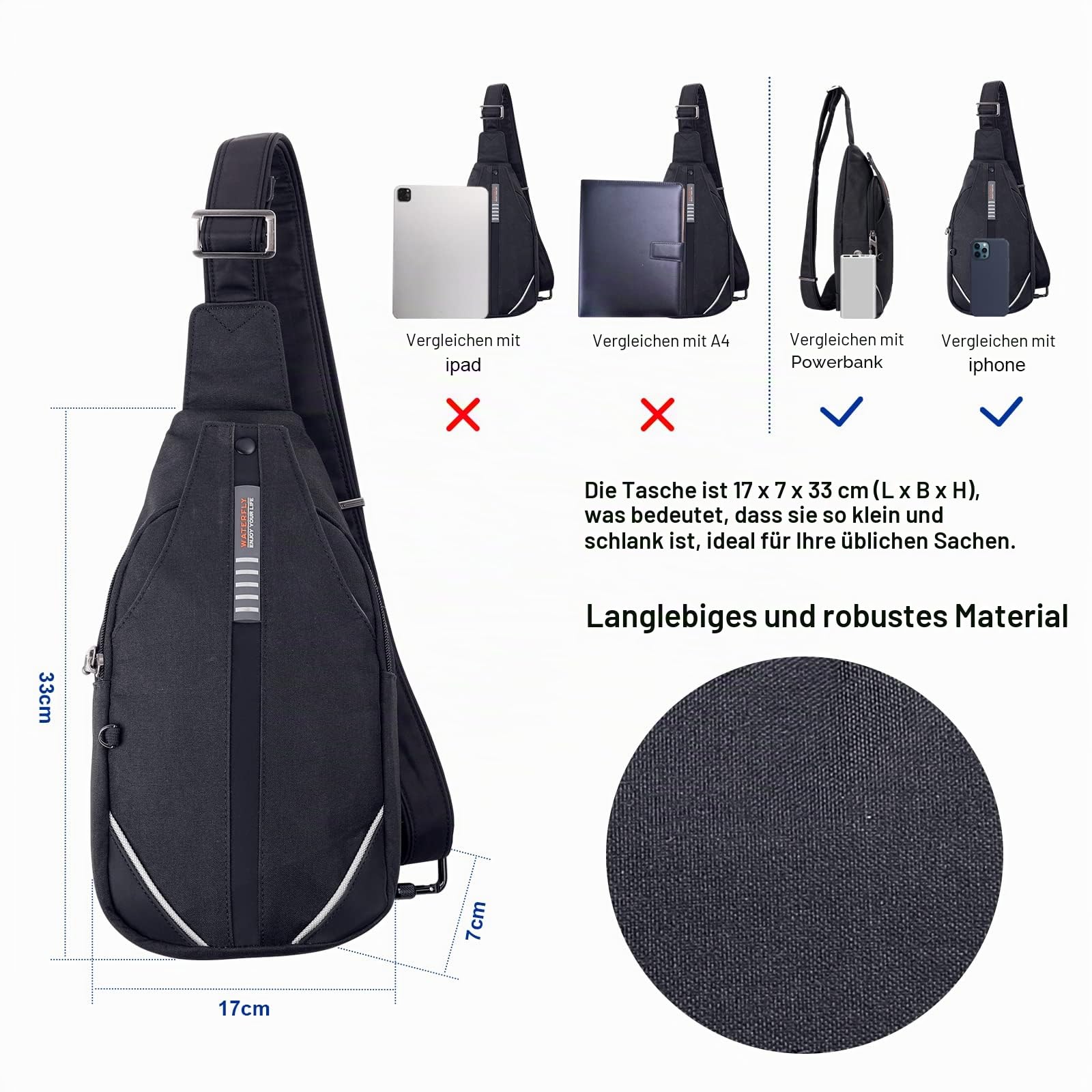 WATERFLY Anti-Diebstahl Sling Bag für Damen und Herren Brusttasche Hippie Crossbody Bag Multipurpose Daypack