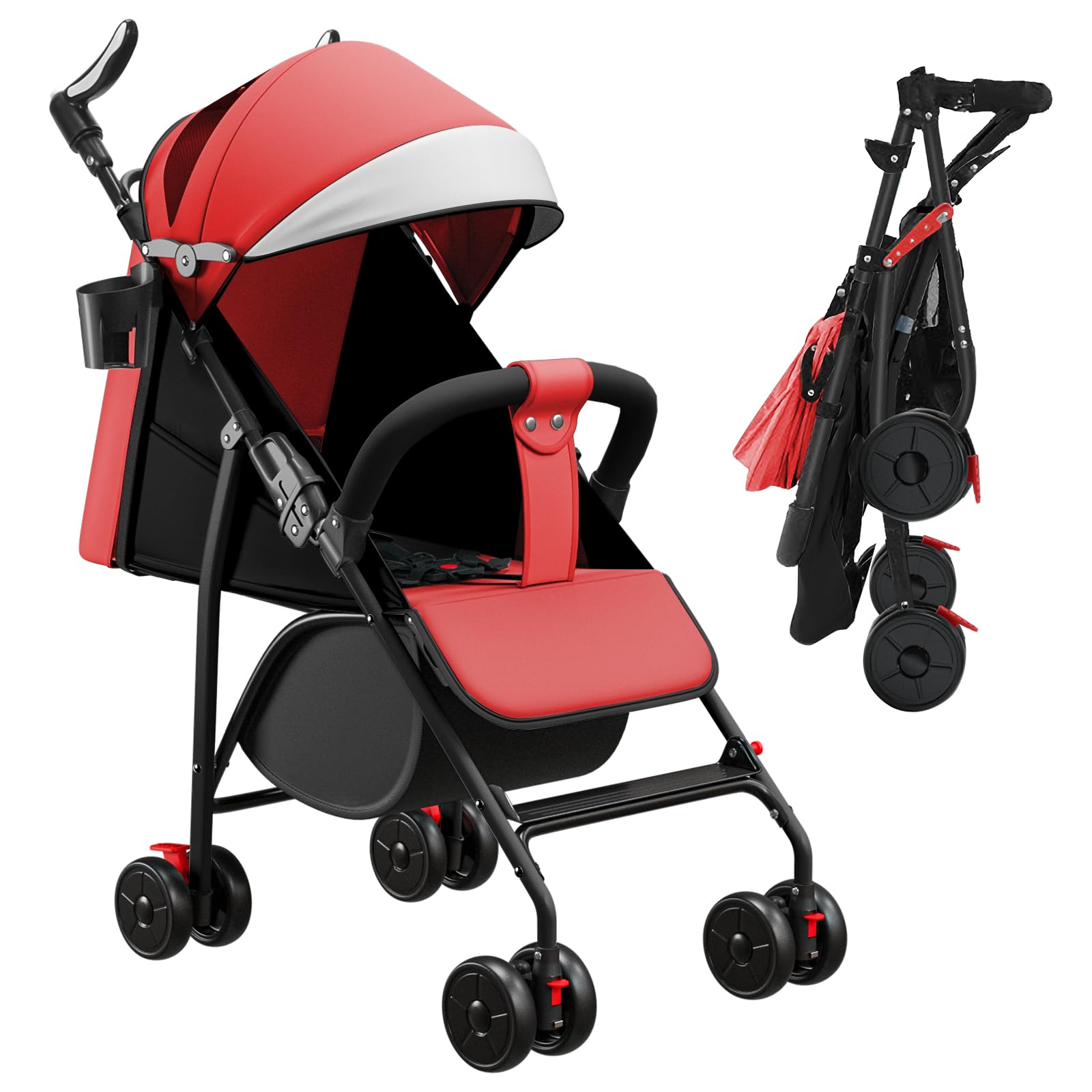 WODFARR Kompakter Buggy, Liegeposition, 0-4 Jahre, 25 kg, 4 Räder, Baumwollmatte + Moskitonetz (A, Rot)