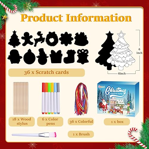 Miniatura 2 de Garma 36 piezas de papel de arte de rascar para manualidades de Navidad, para niños, tarjetas de rascar de arco iris, adornos de árbol de Navidad,