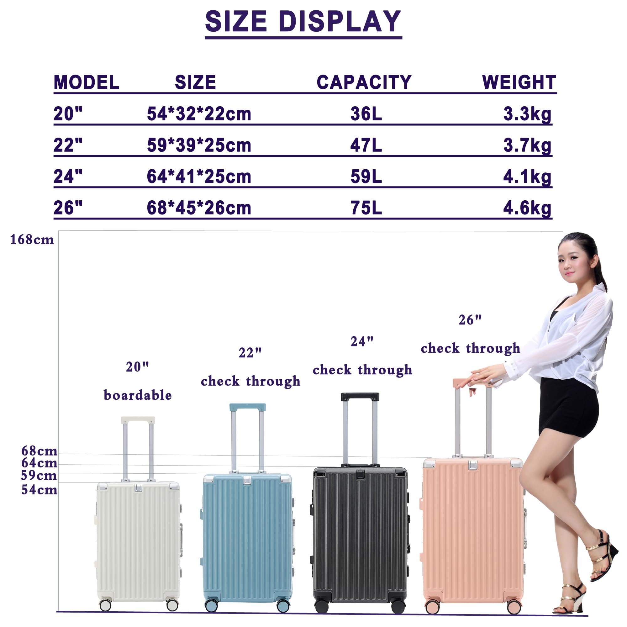 Piccola valigia espandibile bagaglio a mano valigia in alluminio Chiusura TSA incorporata con porta USB,Nero,20in