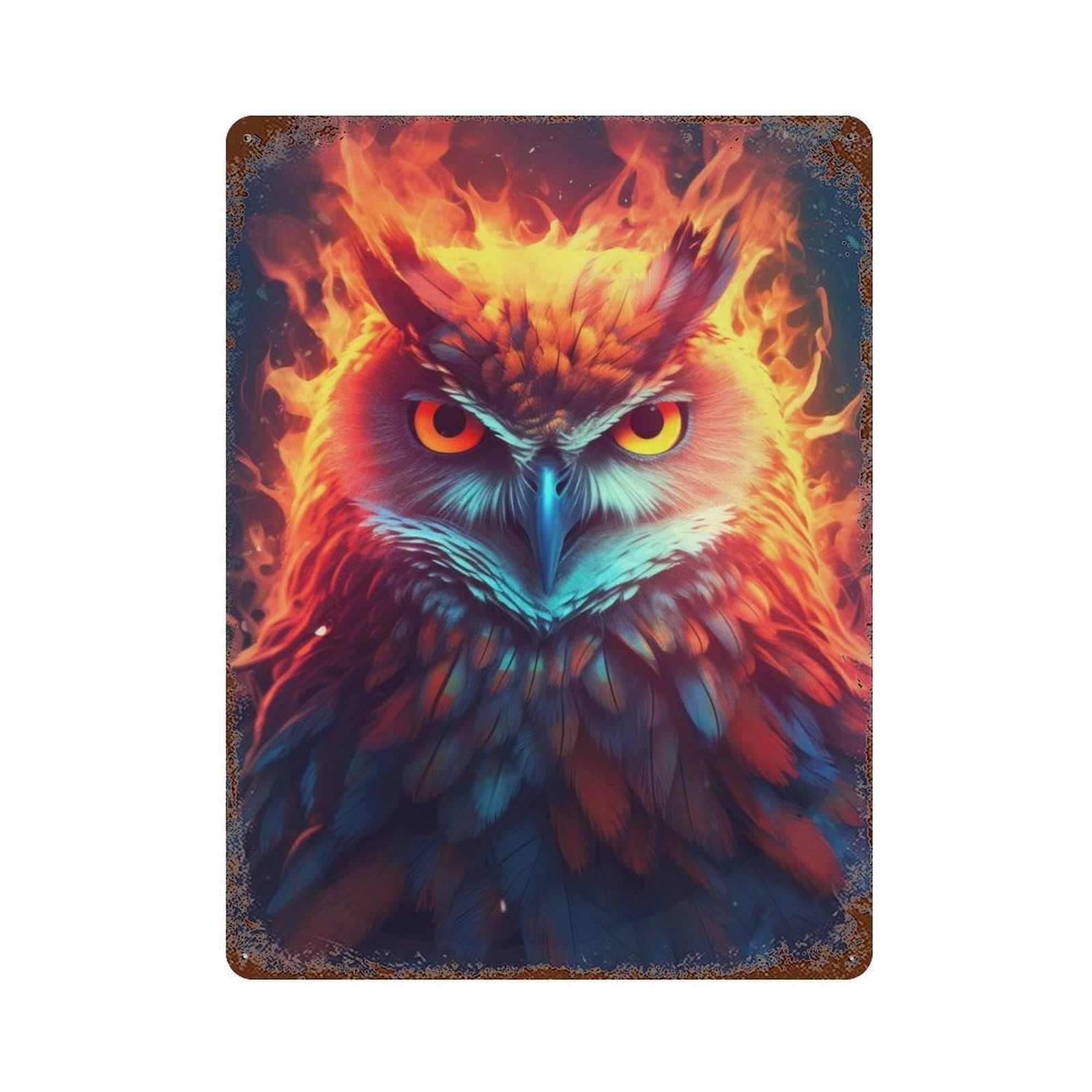 Owl Flame Rustic Tin Plaque 15.7"x11.8", Ideal for Shed, Workshop And Garage Wall Decor