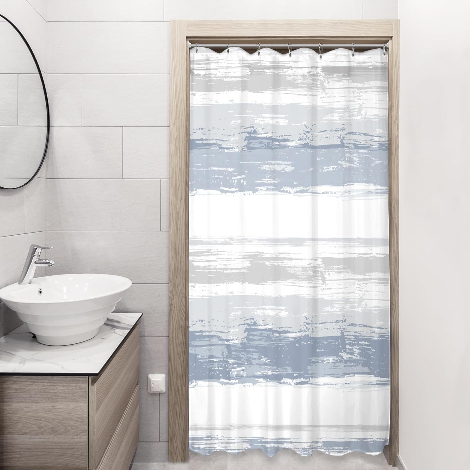 Abstract Blue Shower Curtain for Bathroom Decor 66x67in/168x169cm White Grey Horizontal Striped Minimalist Modern Contemporary Watercolor Painting Fabric Waterproof Polyester Stall Curtains