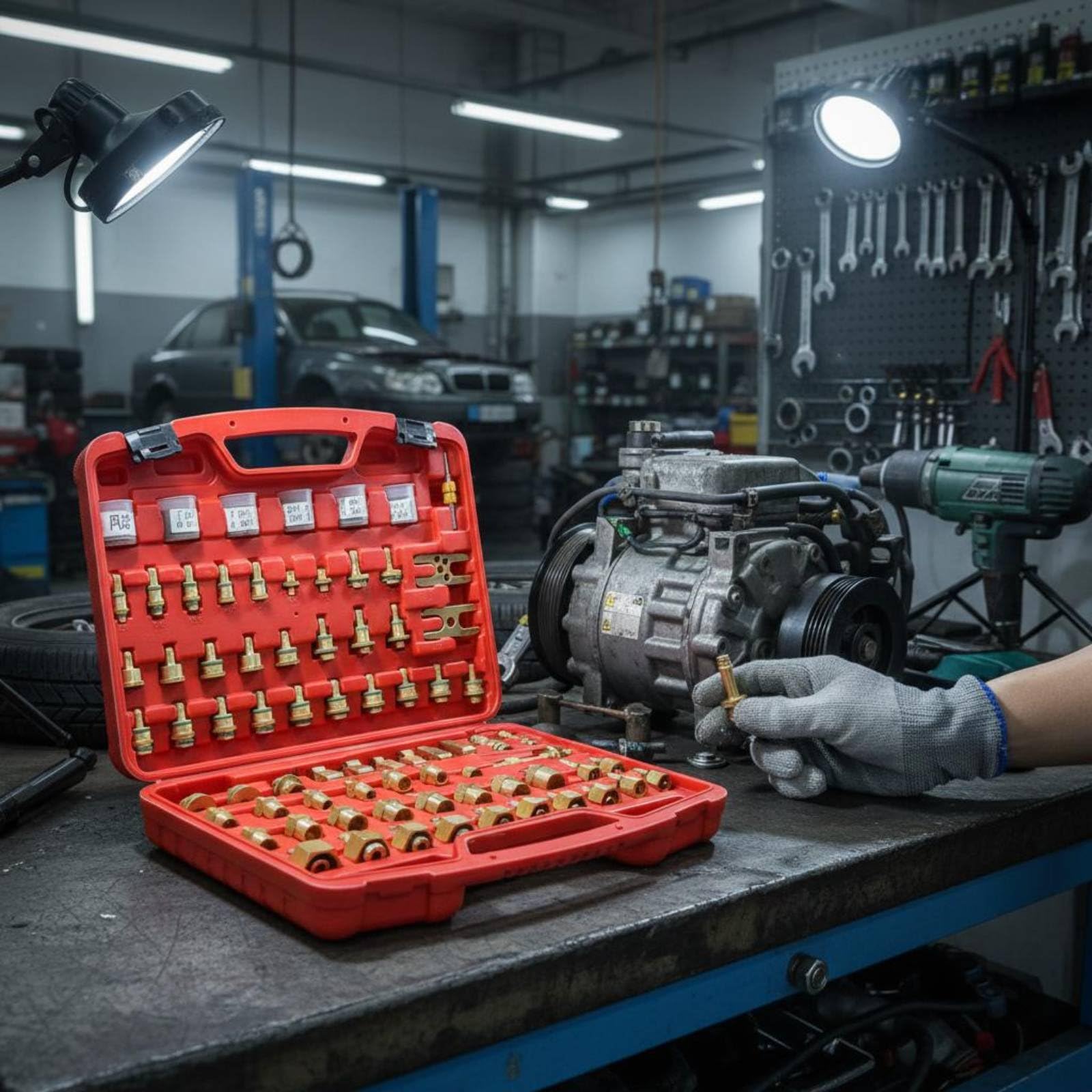 Harilla Rilevatore Perdite Kit Strumento Condizionatore Test Adattatore Sigillante Ottone Box Portatile Adatto per Officina Tecnici Individuazione Perdite Manutenzione