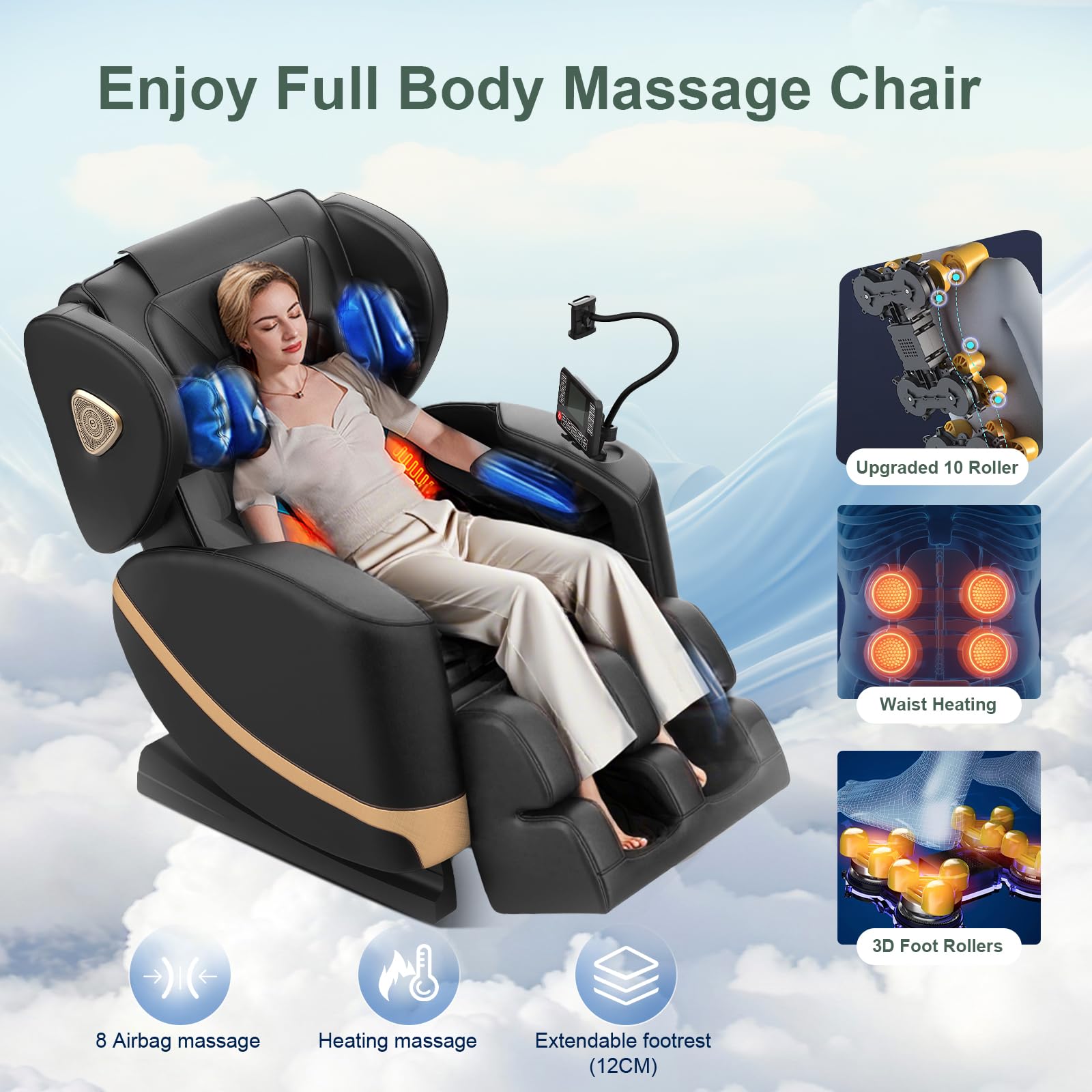F FURNIMAT Massagesessel Ganzkörper, Zero Gravity Relaxsessel Massagestühle mit Taillen- und Beinheizung, Komfort-Airbags, Fußrollen, 10 Massagerollen, Bluetooth-Lautsprecher, Fernbedienung