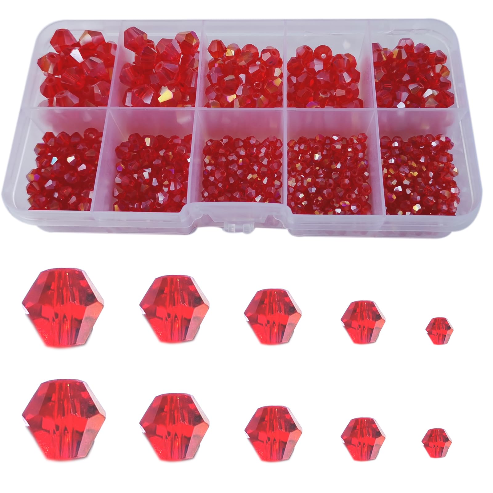 Gocelyn 900pcs Crystal Bicone Glass Beads of AB Color (Red), Rondelle Crystal Assorted Supplies Spacer Loose Beads for Jewelry Making Findings Bracelets Pendants (2mm, 3mm, 4mm, 5mm,6mm, 8mm)