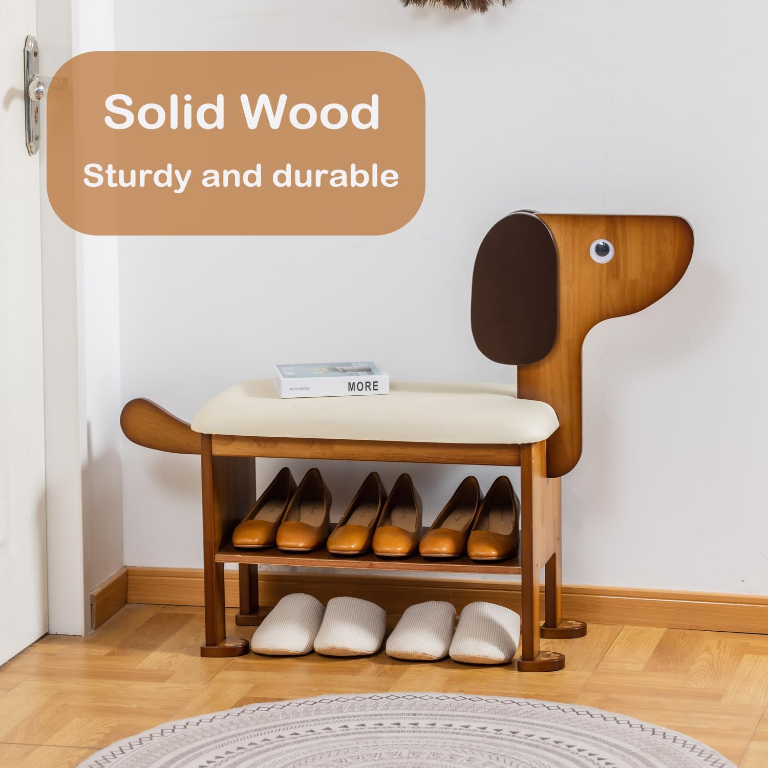 Solid Wood Shoe Storage Bench with Cushion, Dog-Shaped Entryway Bench, 2-Tier Shoe Rack Organizer for Hallway & Bedroom, 23.62 Inches