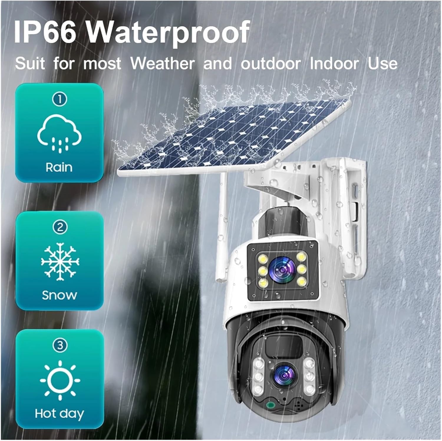 V380 PRO Camera with IP66 Waterproof rating icons for rain, snow, and hot day