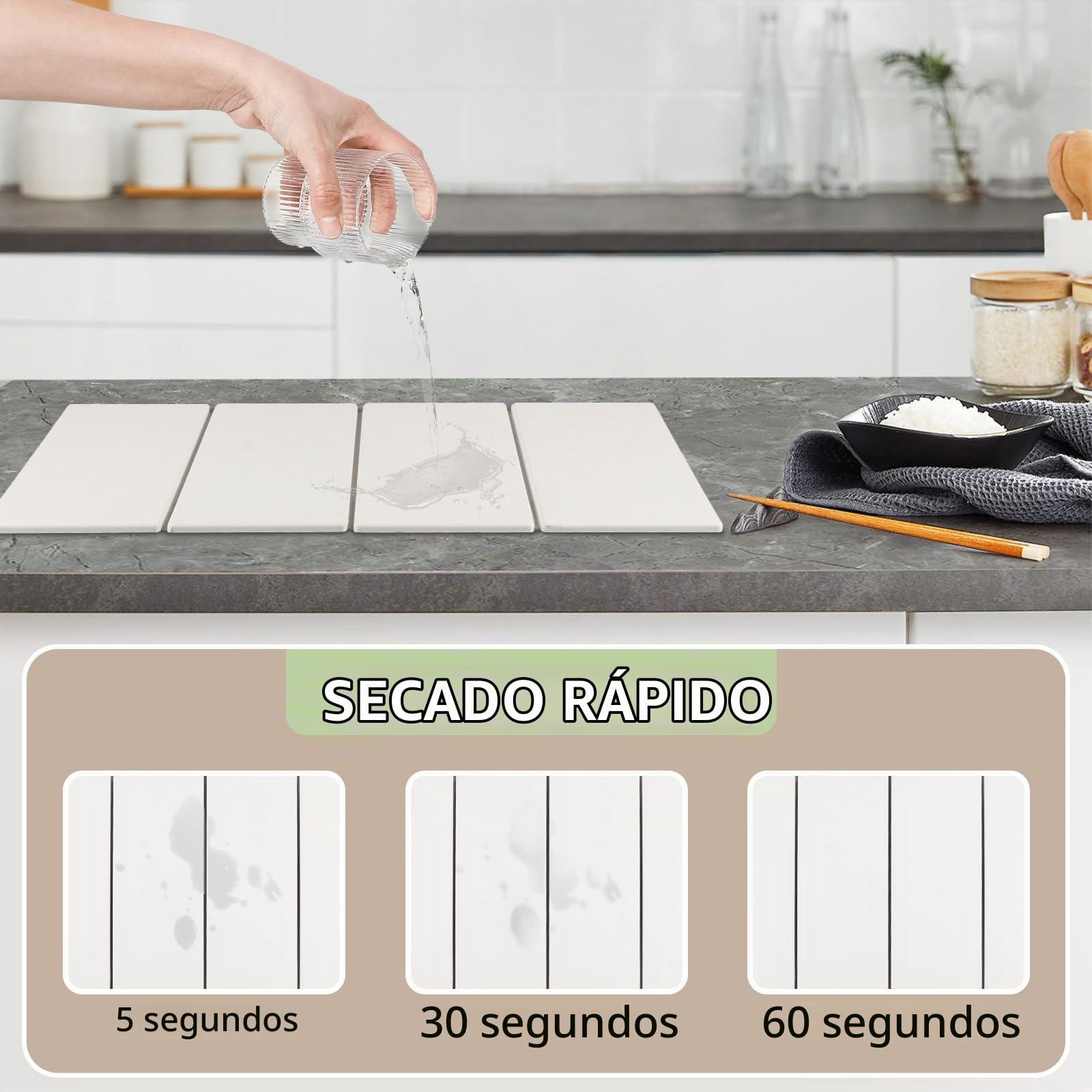 Alfombrilla Escurreplatos de Diatomita, 60x40cm Alfombra de Secado de Piedra Plegable con Toalla, Escurridor de Platos Absorbente Piedra, Secado Rápido, para Fregadero y Cocina Bano Encimera, Blanco