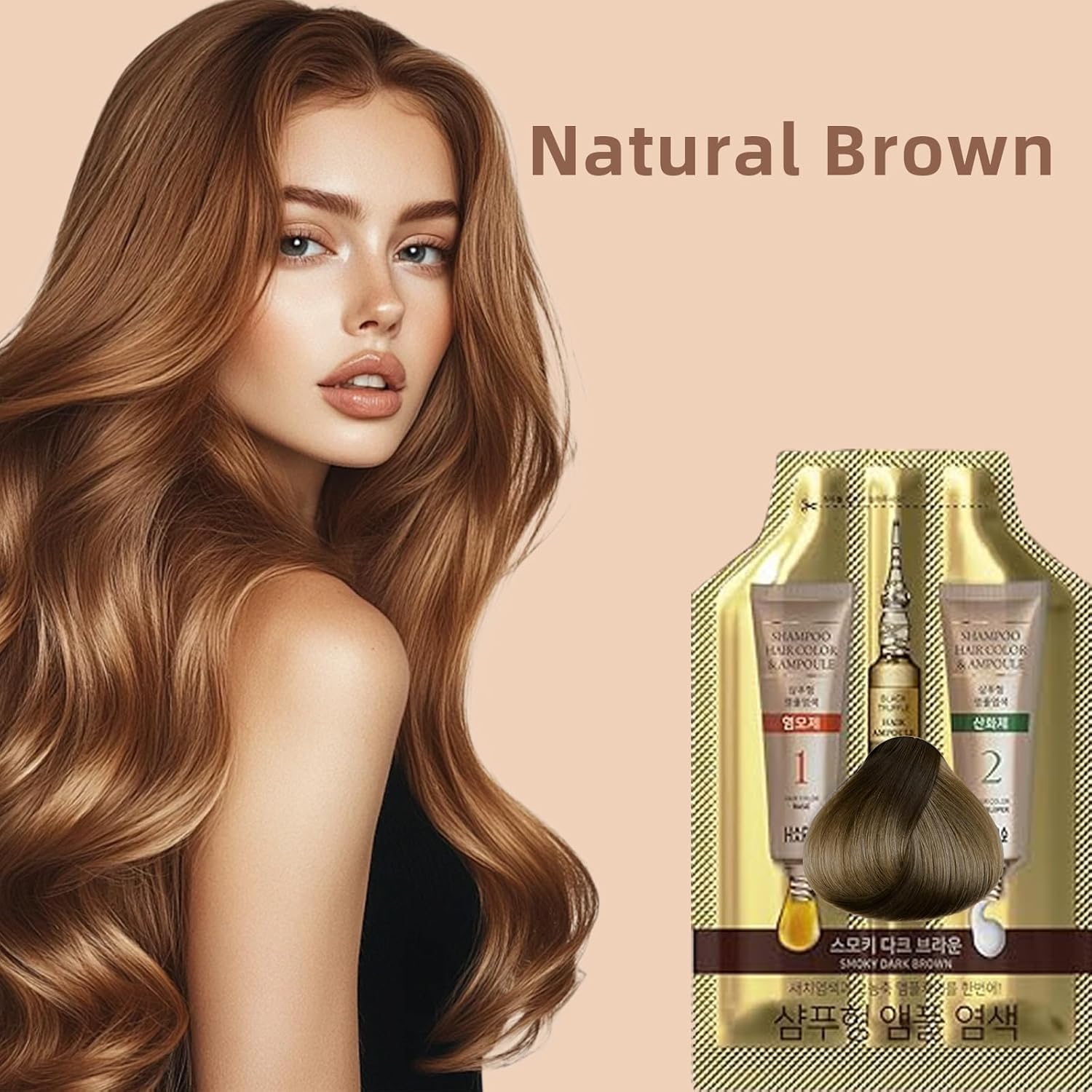 Instant Hair Dye Shampoo Ampoule, Permanent Hair Color Dye - Paraben-Free, 5-Minute Easy and Fast Coloring, for Gray Hair Coverage with Keratin & Collagen, Made in Korea (Natural Brown)