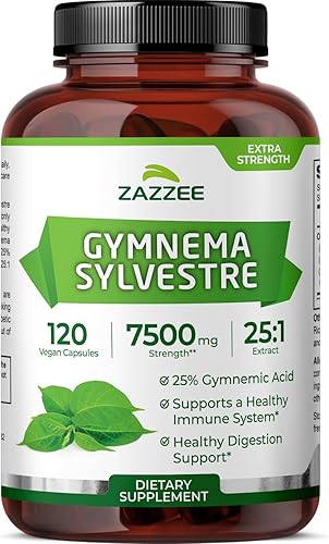 Zazzee Extracto orgánico de Gymnema Sylvestre 251 de 7500 mg de fuerza, 25% de ácido gimnémico, 120 cápsulas veganas, potente extracto estandarizado