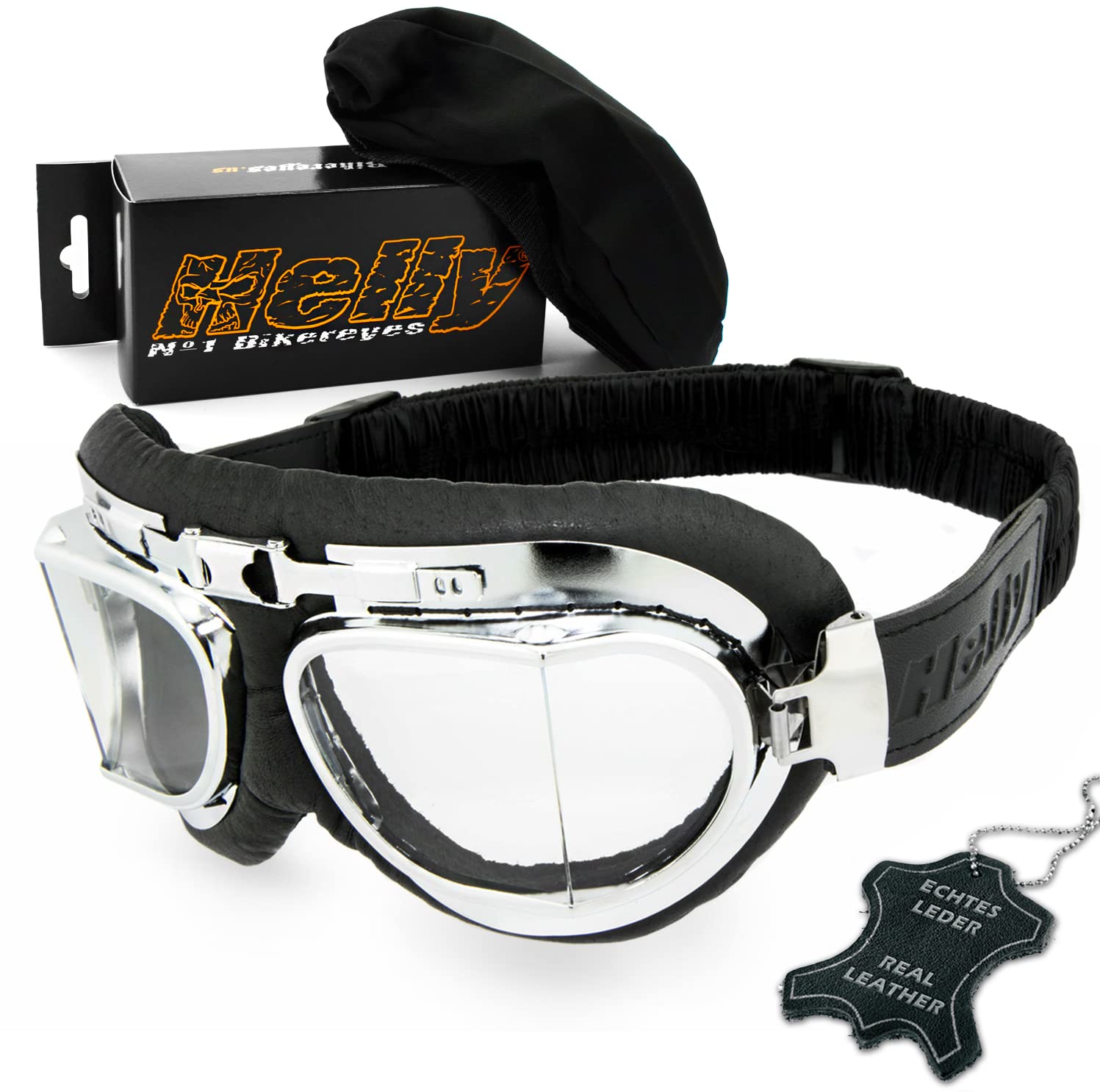 Helly - No.1 Bikereyes: okulary motocyklowe | prawdziwa skóra | wiatroszczelne | styl retro | wysokiej jakości szkła HLT