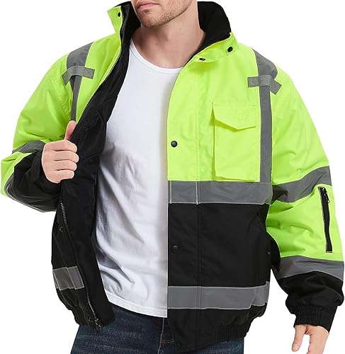 ProtectX Chaqueta de seguridad impermeable de alta visibilidad, Hola Vis Reflectante Invierno Construcción Bomber Chaqueta para Hombres