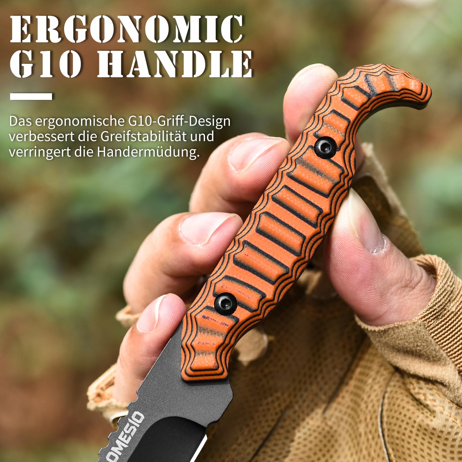 Omesio Outdoor Messer Survival M-FT15, D2 Stahl Full Tang mit Kydex Scheide Gürtelmesser, 9 cm Klingenlänge Kleines Jagdmesser, Schwarzer Klinge + Orange G10-Griff Zweifarbig für Angeln Geschenk