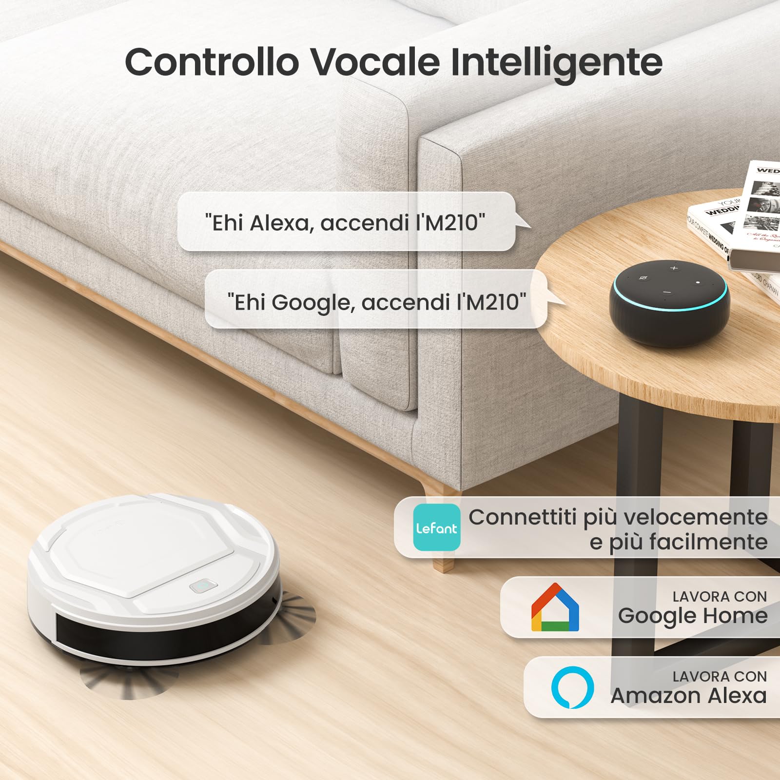 LEFANT Robot Aspirapolvere 2200Pa,120Mins Max, Aspirapolvere Robot Wifi/App/Alexa, Potenziamento Tappeto,Ideale Per Peli di Animali, Moquette, Pavimento Duro 210P Bianco Con Telecomando