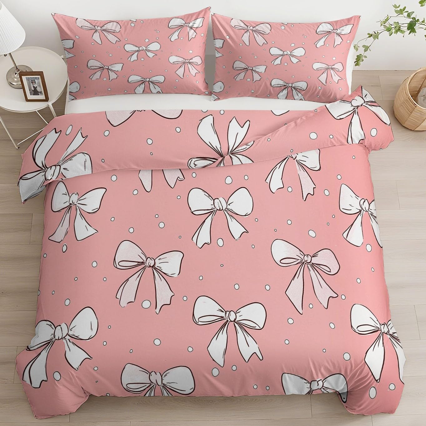 Zestaw pościeli ręcznie rysowany styl kreskówka kokarda, poszewka na kołdrę z mikrofibry rozmiar king size 230 x 220 cm dwustronna poszewka na kołdrę łatwa pielęgnacja łóżko miękkie przytulne zestawy