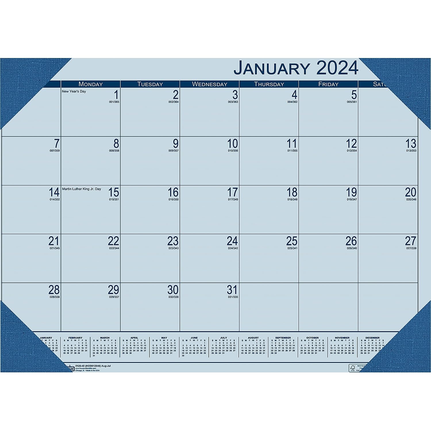 House of Doolittle 2024 Monatlicher Schreibtischunterlage Kalender, EcoTones, blaues Papier, 55,9 x 43,2 cm, Januar - Dezember (HOD12440-24)