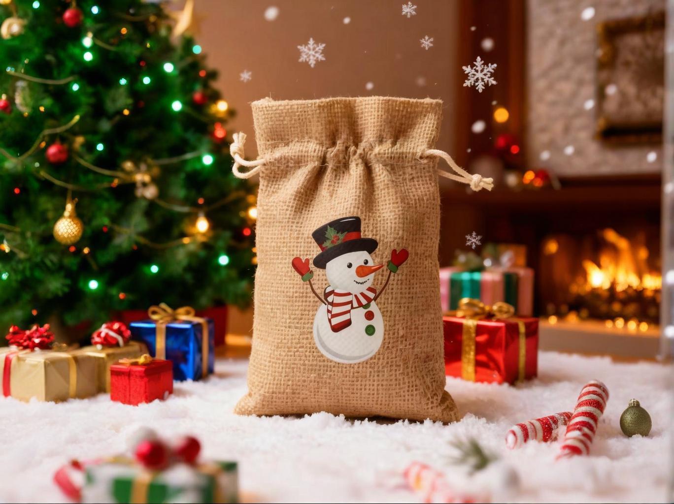 Cabilock Christmas Drawstring Treat Bags - Snowman Reindeer Santa Candy Bags For Party Favors (4 Pack)