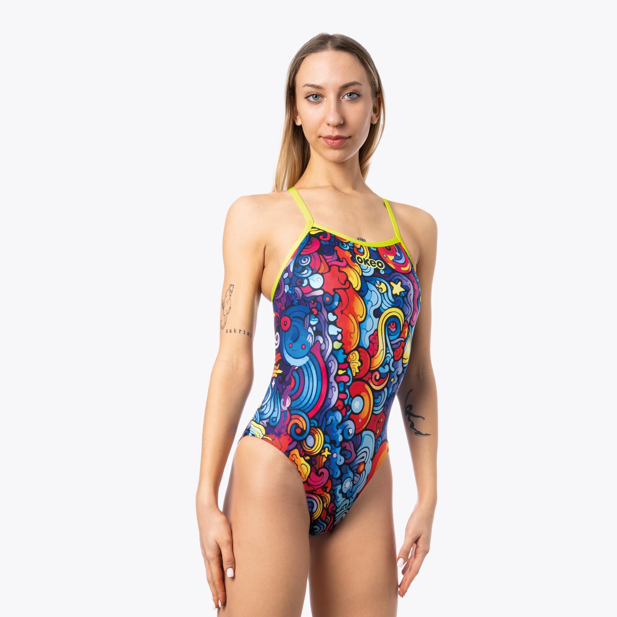 Okeo Costume Piscina Donna, Costume Nuoto Donna, Intero Gaia, Tessuto Tecnico X-Play, Sgambatura Alta, Resiste ad Abrasioni e Pilling, Ideale per Training