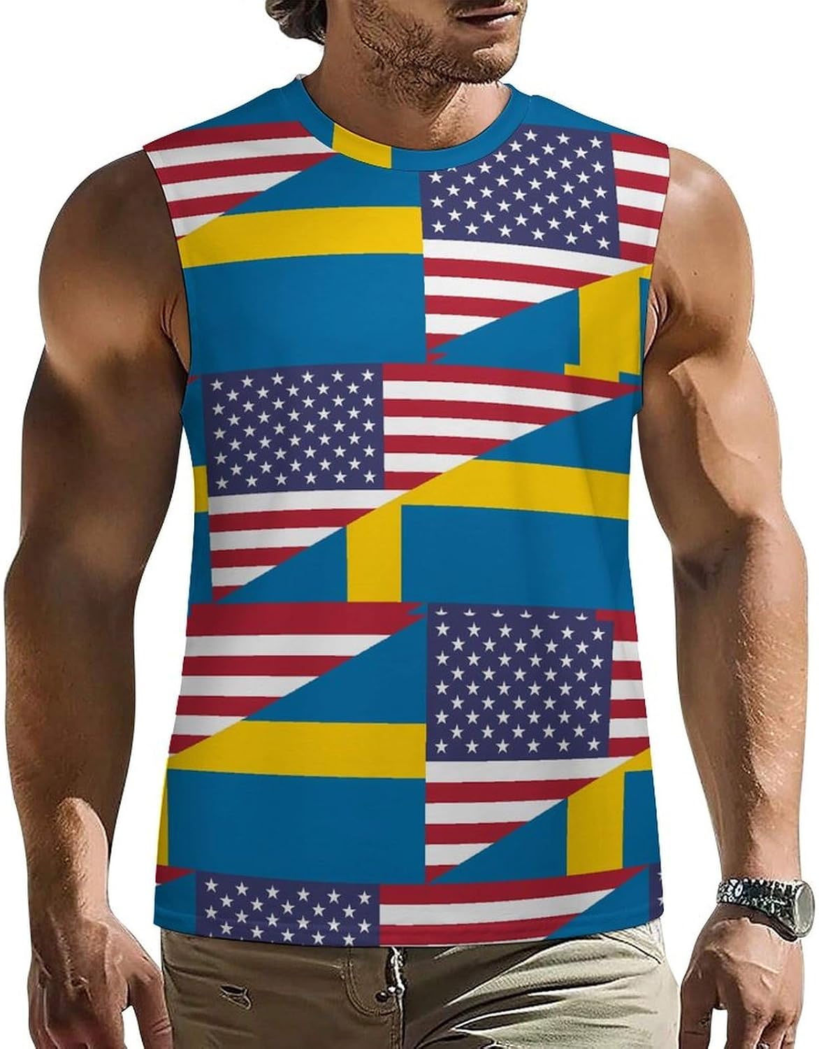 U.S. and Sweden Flag Men Summer Sleeveless Crew Neck Top 5XL